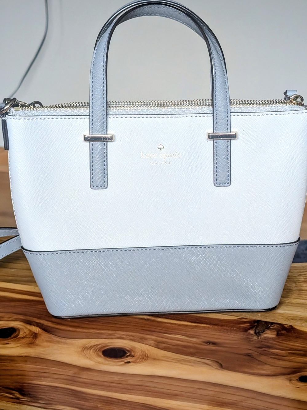 kate spade White and Light Blue Two-Tone Saffiano Leather Tote